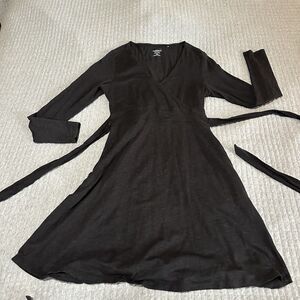 Toad&Co Organic Cotton Dress Black V-Neck Tie Knee Length Long Sleeve Medium